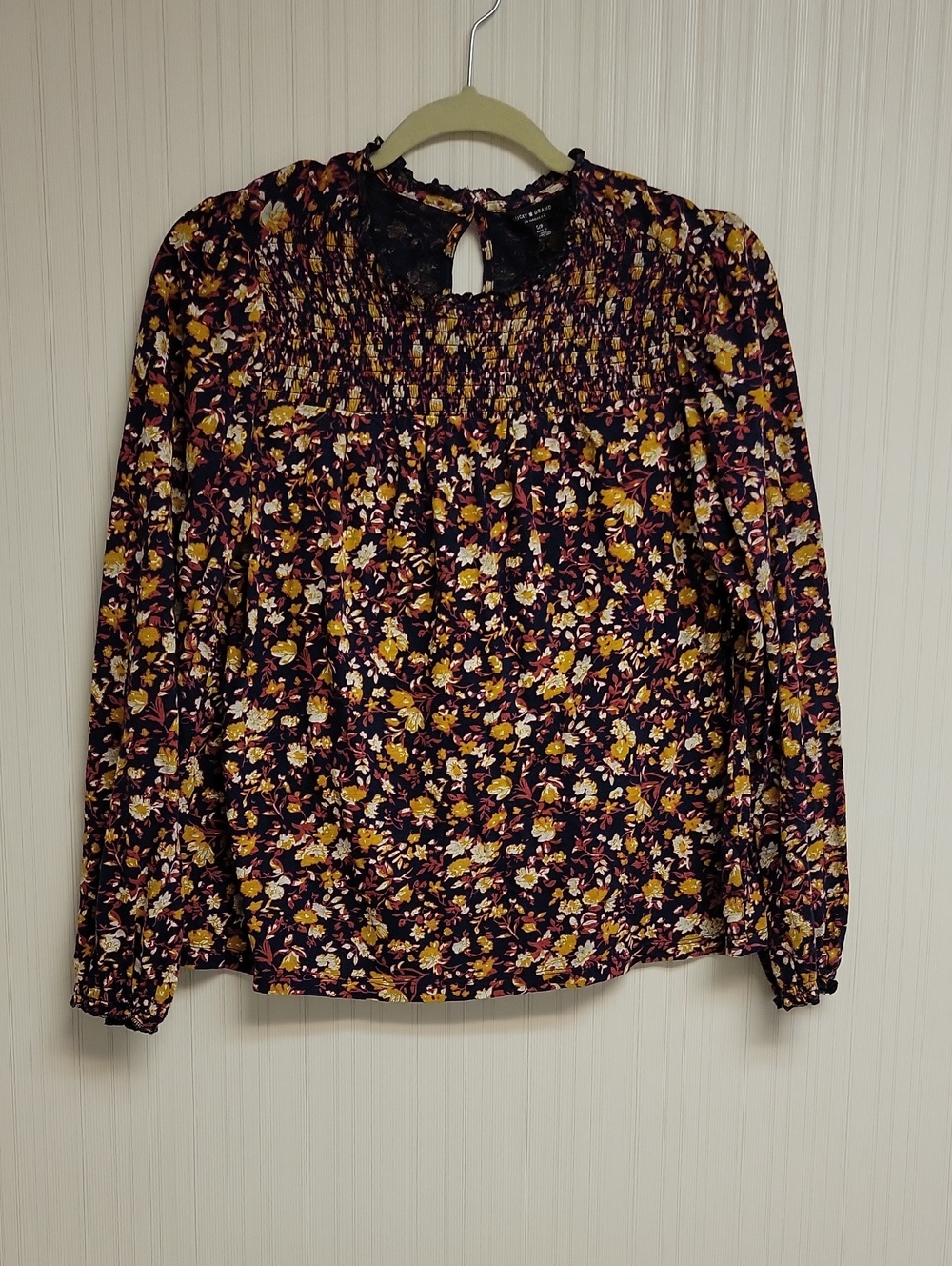Lucky Brand Floral Smocked Yoke Blouse - Navy Yellow & Rust Accents Small Fall